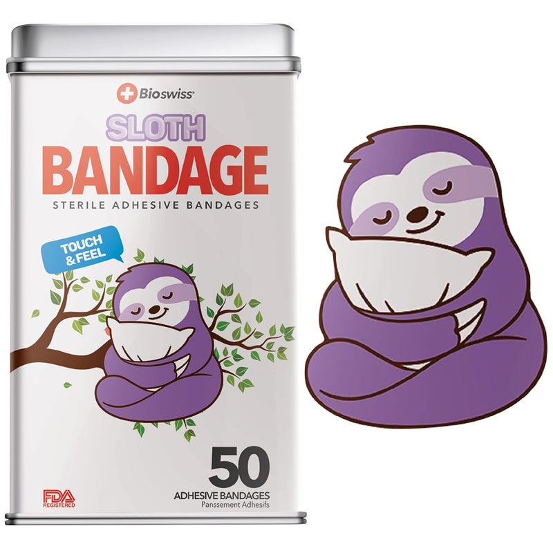 BioSwiss Kids Bandages Sloth Shaped Self Adhesive Bandage Set Latex Free Sterile Wound Care 50 Count